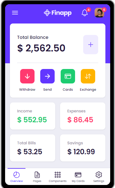 Pantalla principal de la app Finapp con balance y accesos rápidos